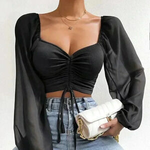 Black Casual Women's Sweetheart Neck Drawstring Lantern Sleeve Crop Top